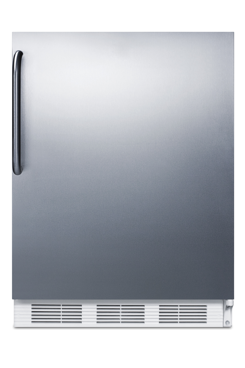 ADA compliant built-in undercounter all-refrigerator for residential use, auto defrost with stainless steel wrapped door, towel bar handle, and white cabinet